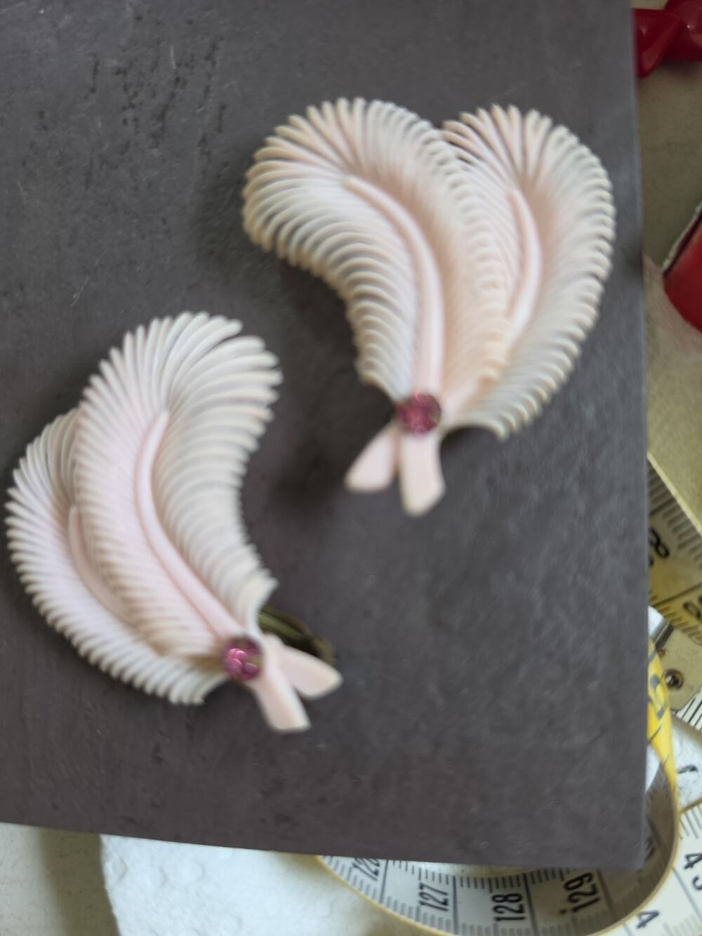Vintage 1950s Pale Pink Feather Clip Earrings West Germany